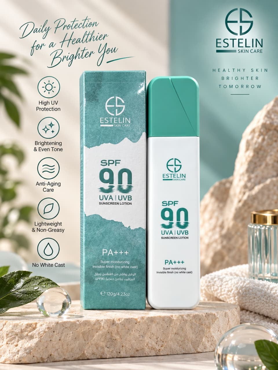 Estelin Super Moisturizing Invisible Finish UVA/UVB Sunscreen Lotion SPF 90 PA+++ - Dr Rashel Pakistan